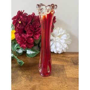 Vintage Ruby Red Hand Blown Glass Vase Ruffled‎ Edge Mid Century Art Glass